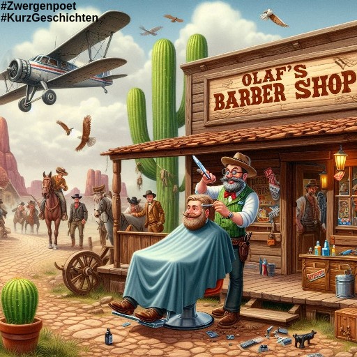 Ein satirische-humorvolles Wildwest-Szenario. Vor einem kleinen, staubigen Barbershop steht ein fröhlicher Mann und schneidet einem Kunden die Haare.